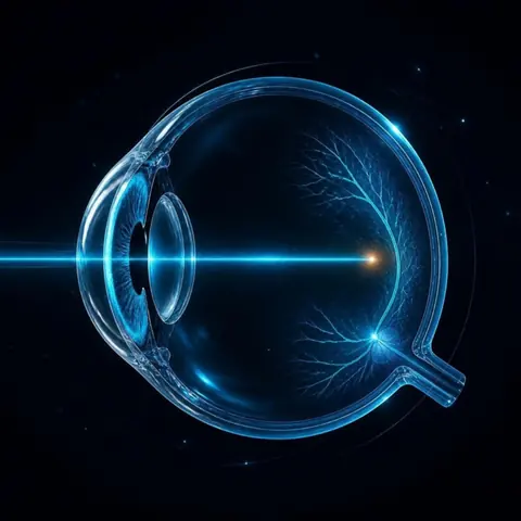 Ilustração de um olho em corte lateral. A luz entra pela córnea e pelo cristalino, atravessa o vítreo e chega à mácula, no centro da retina.